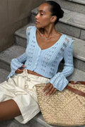 Glorol - Hollow Out V-Neck Long Sleeve Patchwork Top