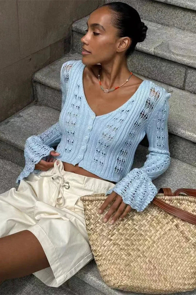 Glorol - Hollow Out V-Neck Long Sleeve Patchwork Top