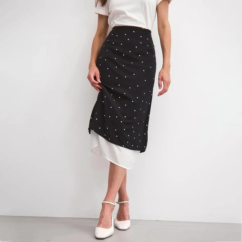 Glorol - Elegant High Waist Polka-Dot Splice Skirt