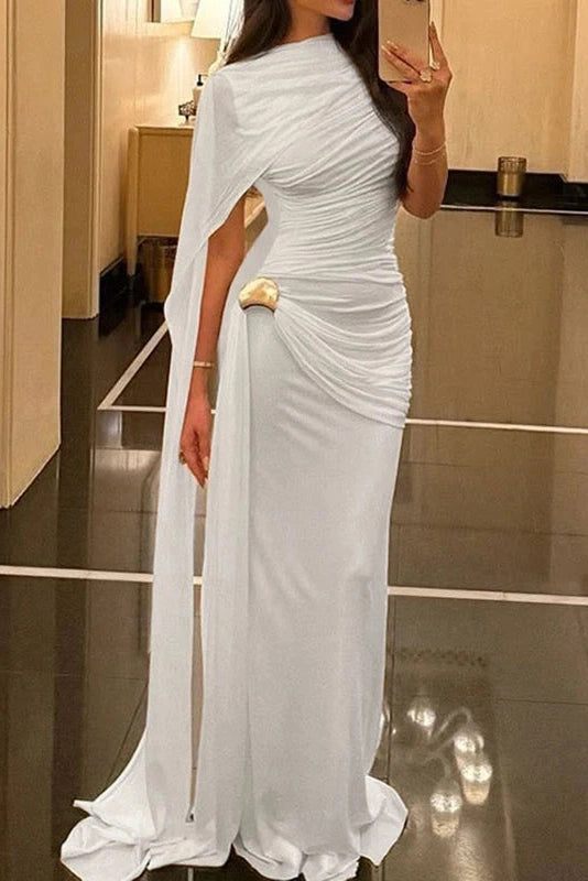 Glorol - Elegant Slim Pleated High Waist Sleeveless Irregular Maxi Dress