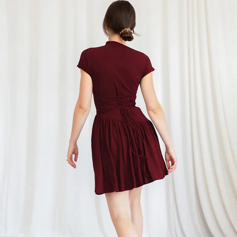Glorol - Lace Up Patchwork Elegant Round Neck Mini Dress