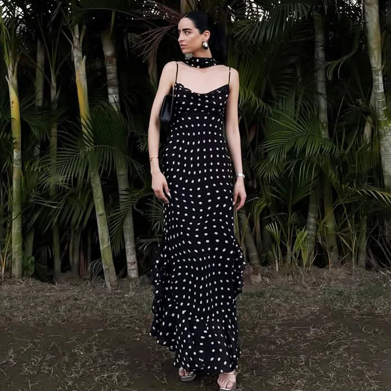Glorol - Elegant Polka Dot Scarf Ribbon Pleated Maxi Dress