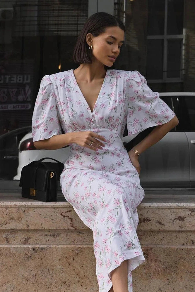 Glorol - Printed V-Neck Short Sleeve Slim High Waist Maxi Dress