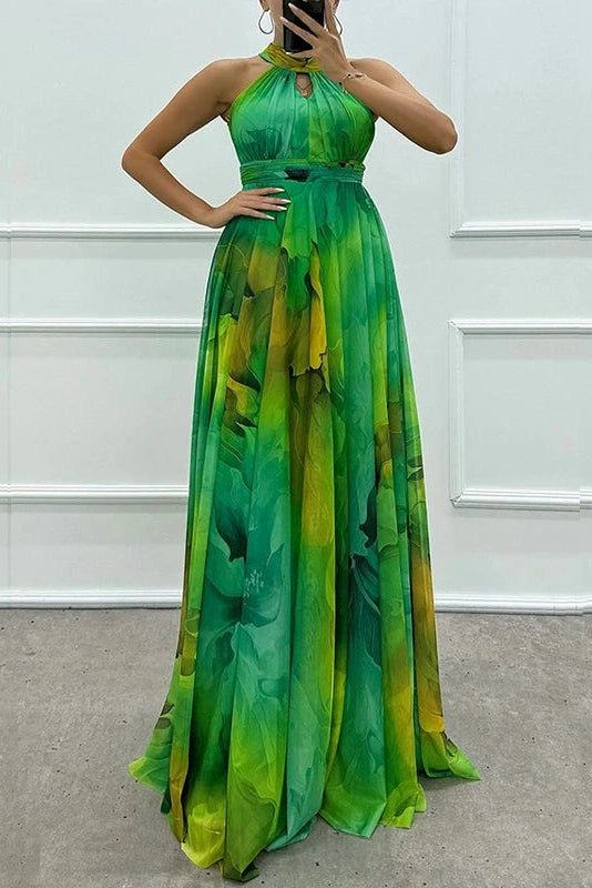 Glorol - Hollow Out Printed Sleeveless High Waist Maxi Dress