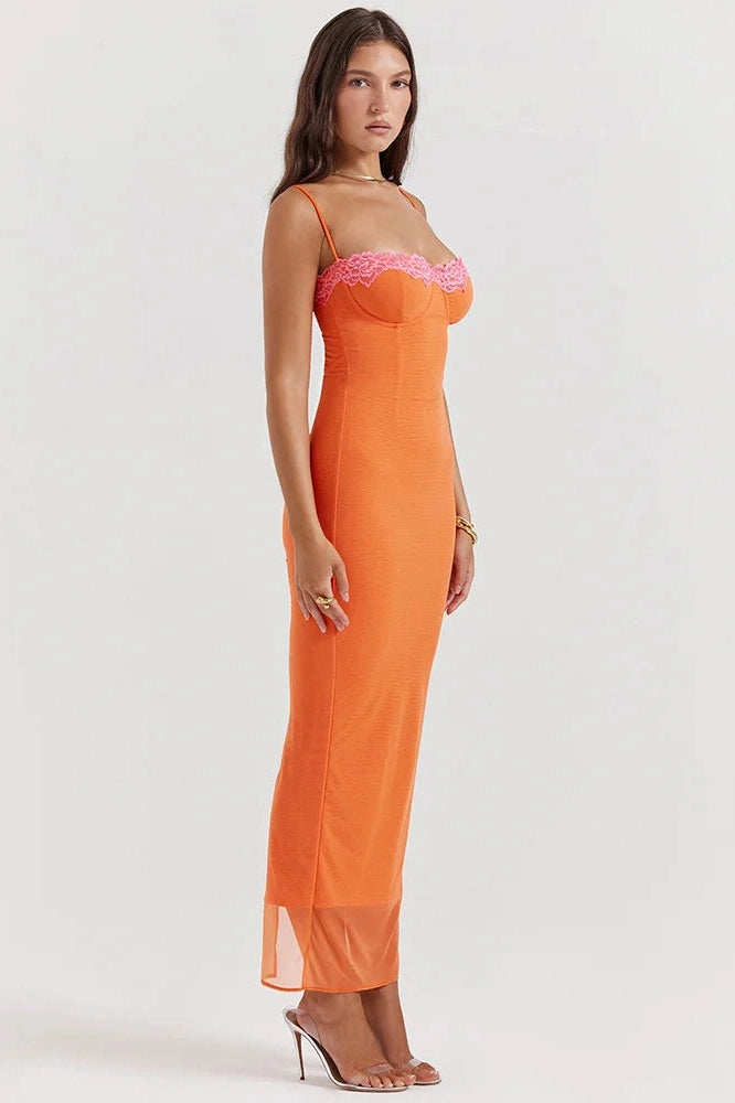 Glorol - Lace Spaghetti Strap Patchwork Strapless Bodycon Maxi Dress
