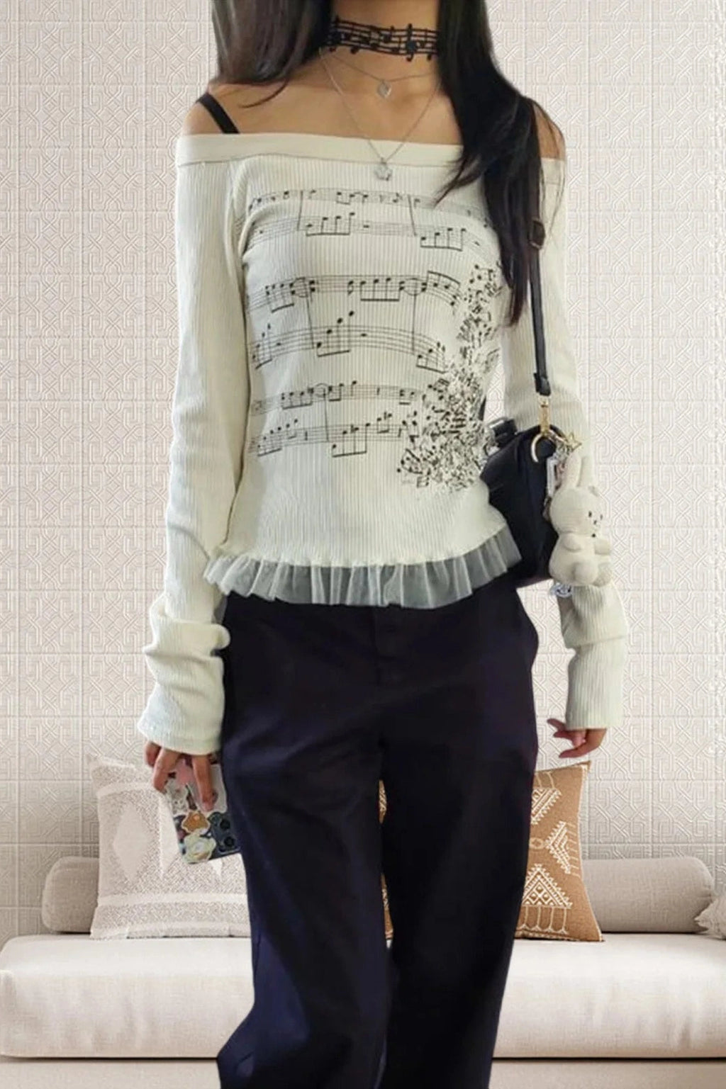 Glorol - Off-Shoulder Long Sleeve Print Slim Fit Top