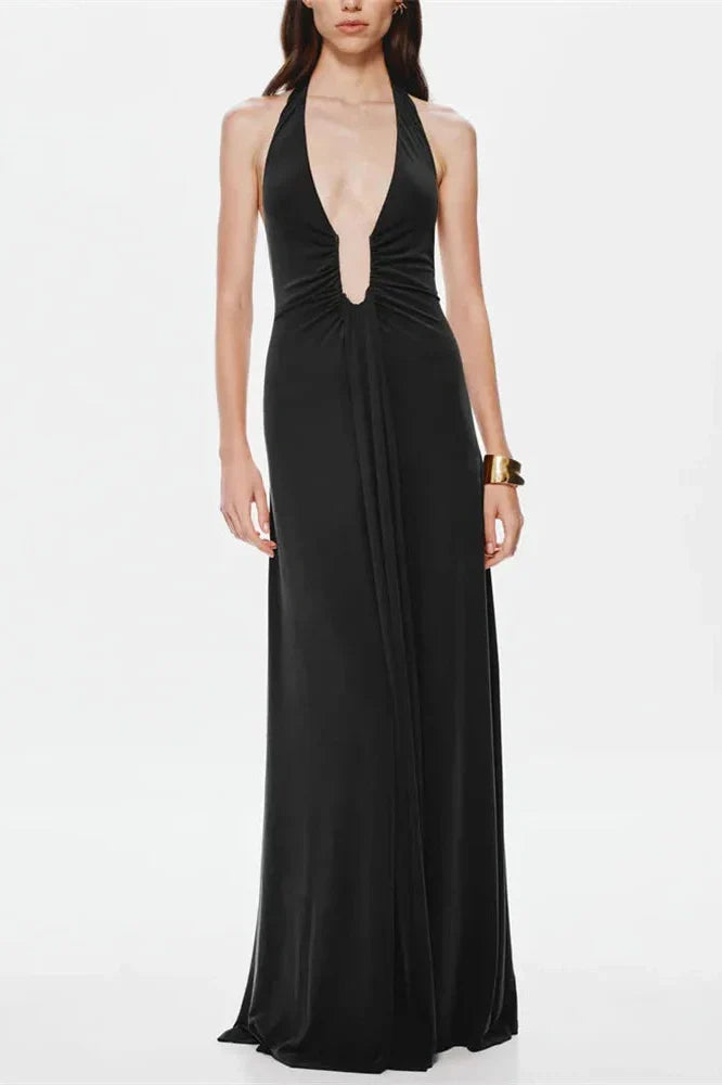 V-Neck High Waist Backless Slim Pleated Maxi Dress