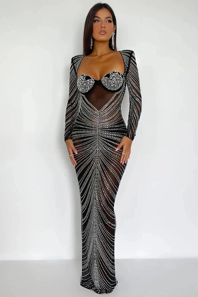 Glorol - Glitter See Through Full Sleeve Bodycon Maxi Dress