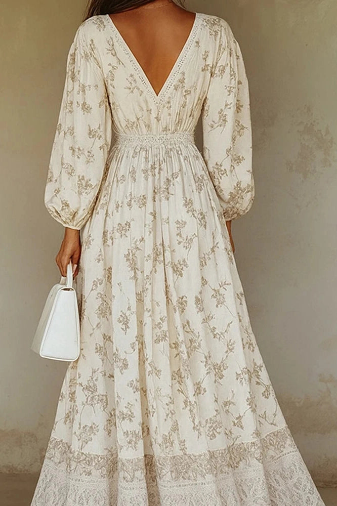 Glorol - Elegant Long Sleeve Lace V-Neck Printed Maxi Dress