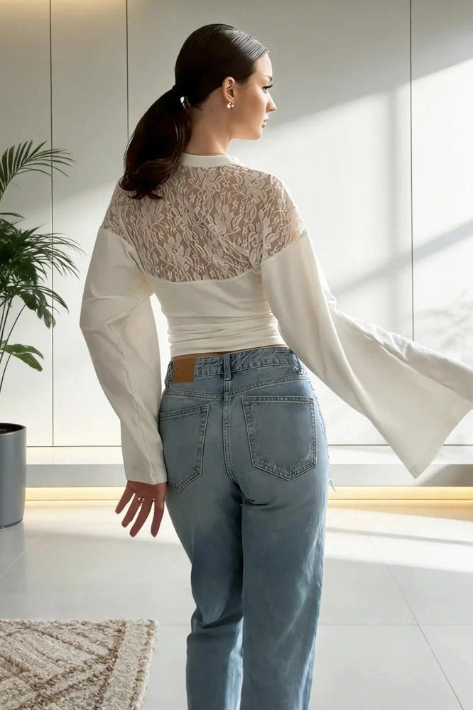 Glorol - Printed Backless Loose Patchwork Long Sleeve Top