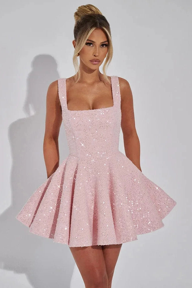 Glorol - Backless Square Collar Sleeveless High Waist Mini Dress