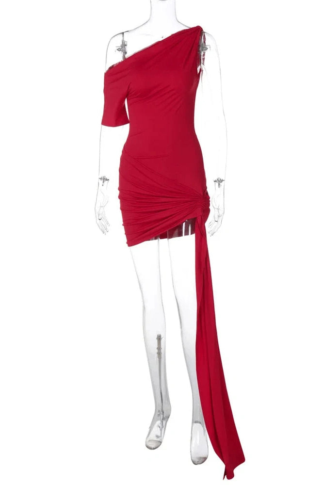 Glorol - One-Shoulder Slim Patchwork Bodycon Mini Dress
