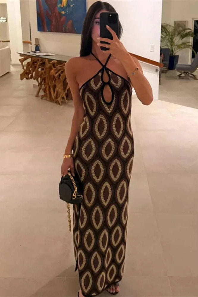 Glorol - Hollow Out Printed Backless Maxi Dress