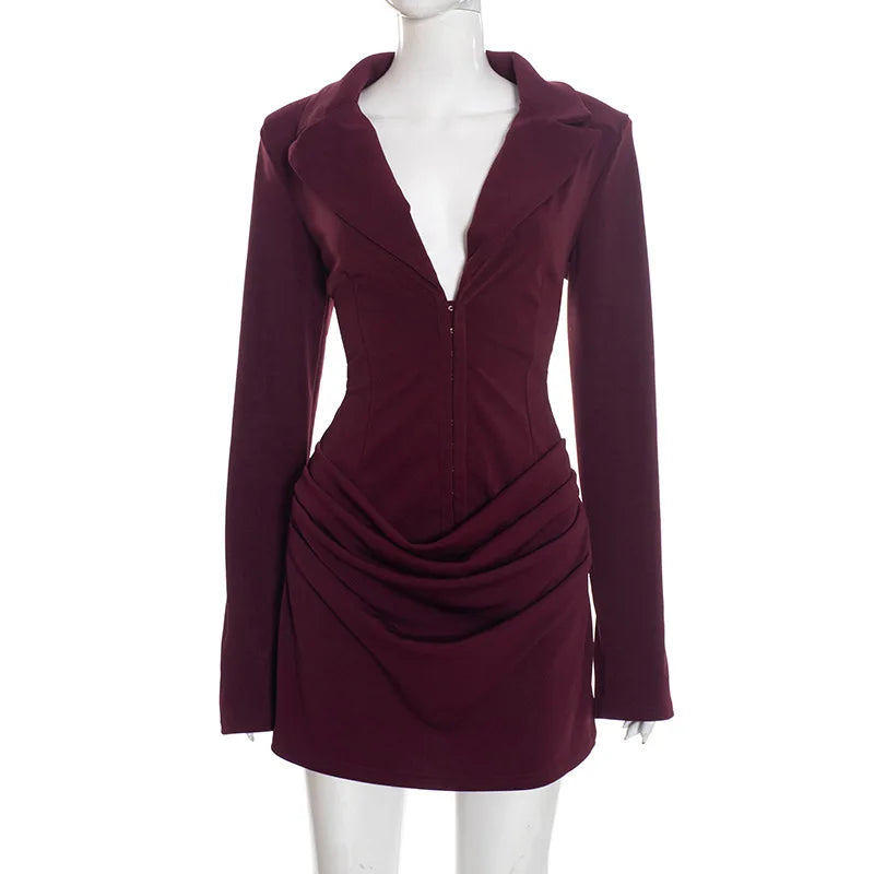 Glorol - Deep V Neck Long Sleeve High Waist Mini Dress