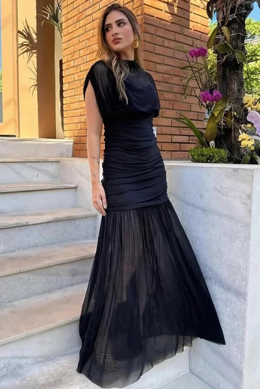 Glorol - Elegant Pleated Slim Sleeveless Turtleneck Maxi Dress