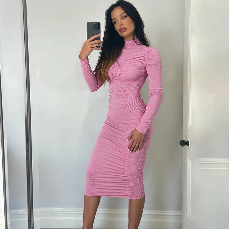 Glorol - Pleated Turtleneck Long Sleeve Slim Midi Dress