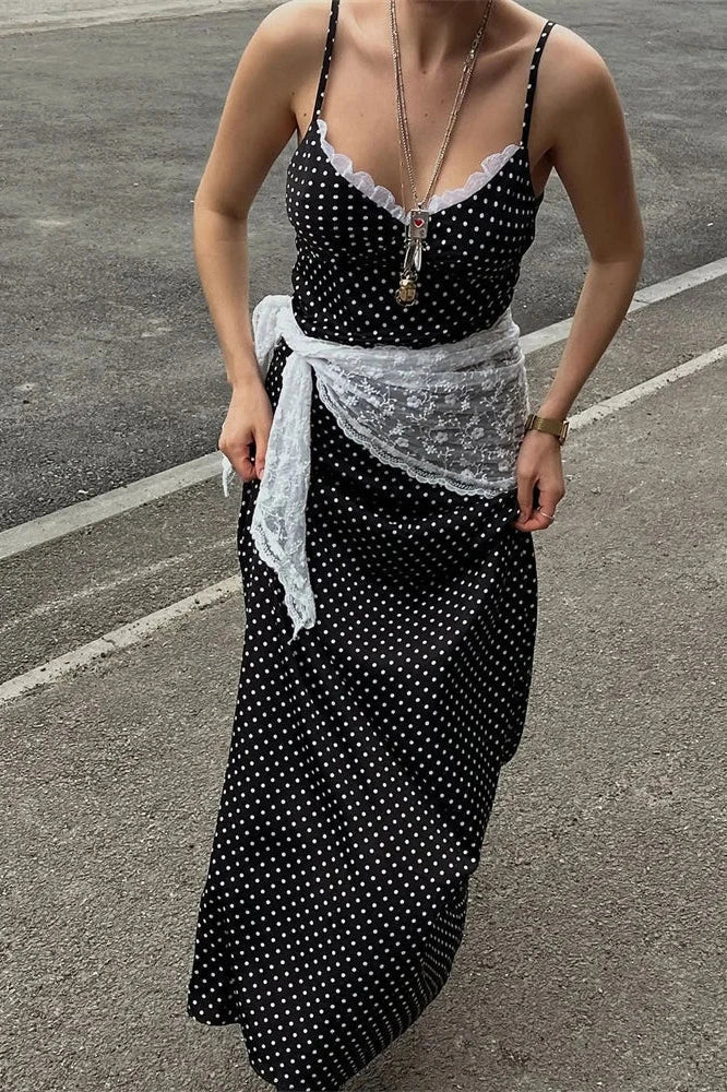 Lace Patchwork Printed Slim V-Neck Backless Maxi Dress