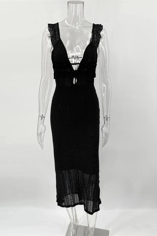 Glorol - Deep V Neck Sleeveless See Through High Waist Knitted Maxi Dress