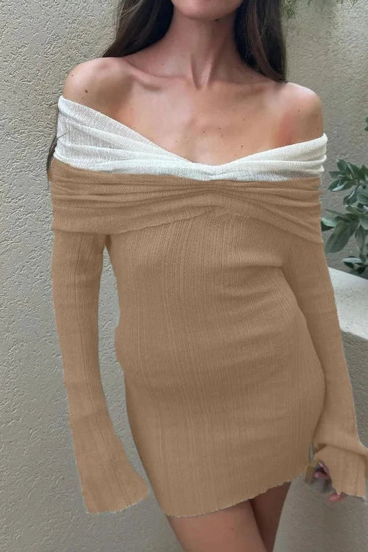 Glorol - Off-Shoulder Knitted Long Sleeve Slim Backless Mini Dress