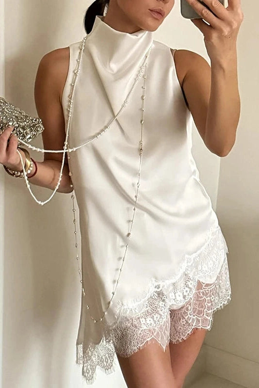 Glorol - Lace High-Neck Sleeveless Loose Irregular Top