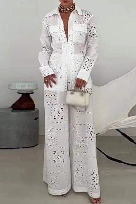 Glorol - High Waist Lace Hollow Out Wide Leg Jumpsuit