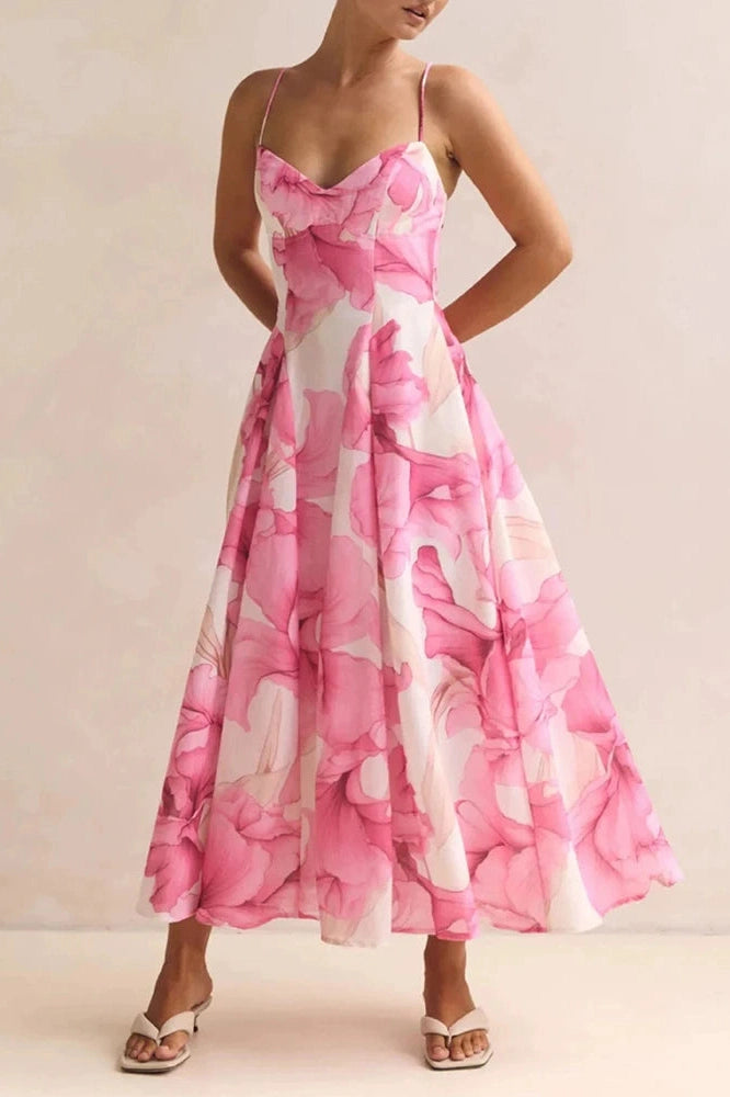 Glorol - Floral Printed High Waist Sleeveless Pleated Midi Dress