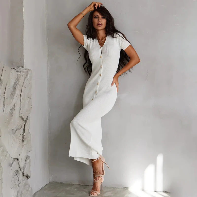 Glorol - Knitted V Neck Short Sleeve Slim Midi Dress