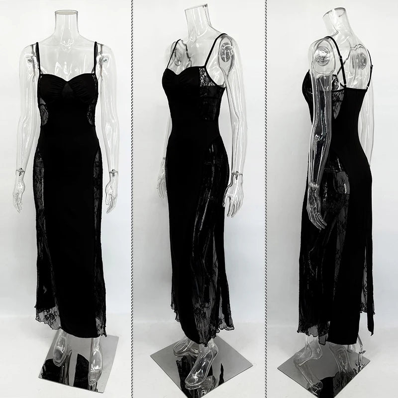 Glorol - Lace Spaghetti Strap Slim Sleeveless Maxi Dress