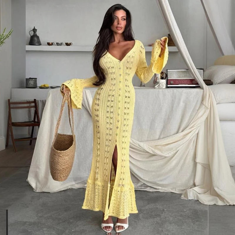 Glorol - Hollow Knitted Long Sleeve Maxi Dress