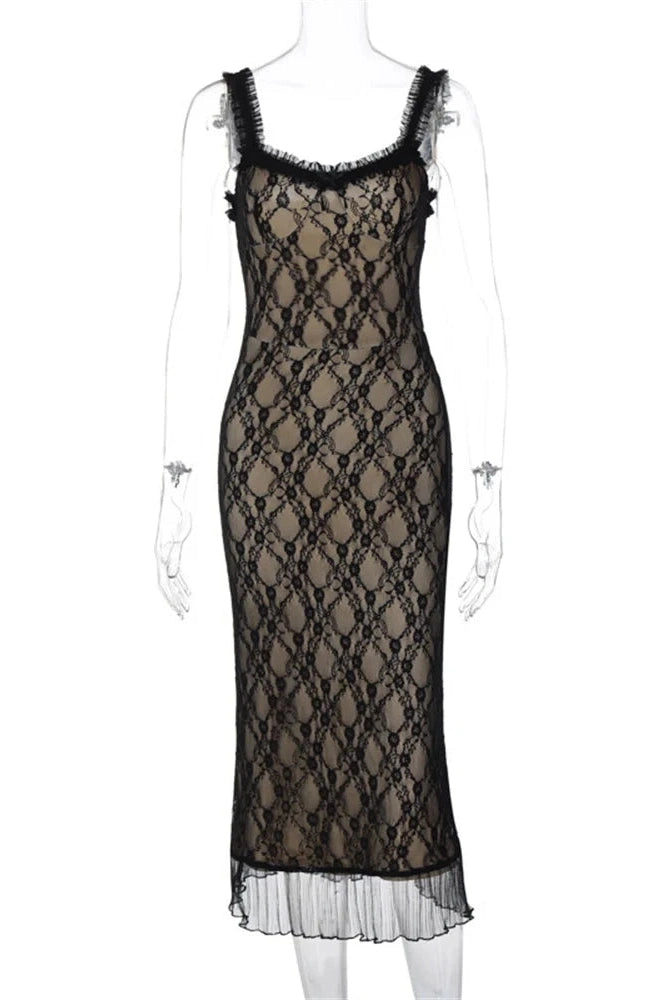 Glorol - Printed Patchwork Slim See-Through Lace-Up Midi Dress