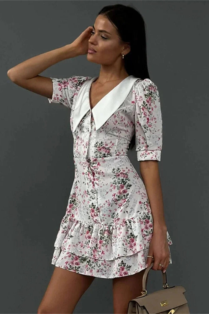 Glorol - Printed V-Neck Short Sleeve Slim High Waist Mini Dress
