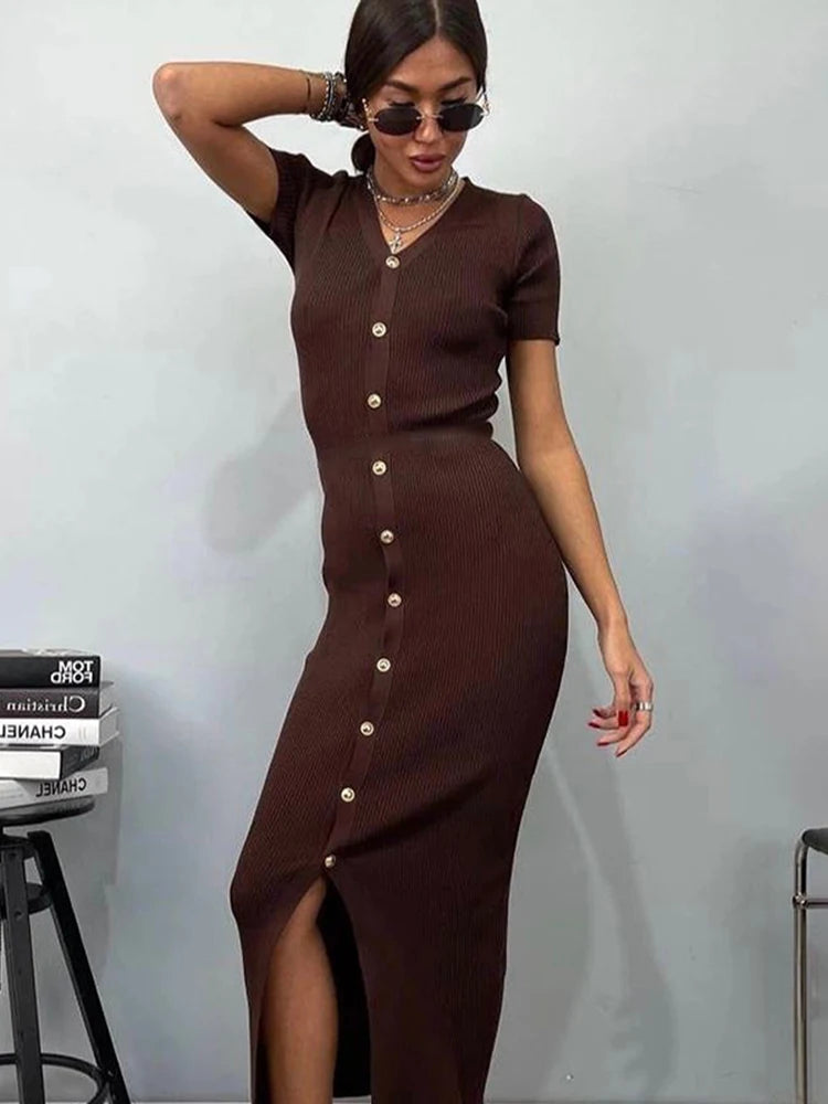 Glorol - Knitted V Neck Short Sleeve Slim Midi Dress