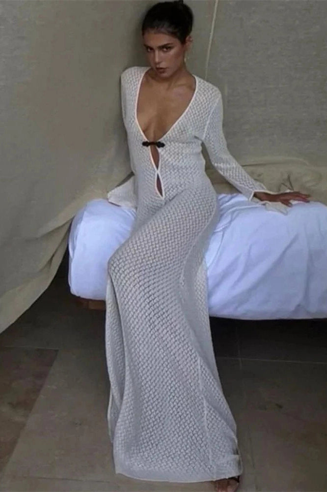 Glorol - Hollow Out Loose Long Sleeve V-Neck Maxi Dress