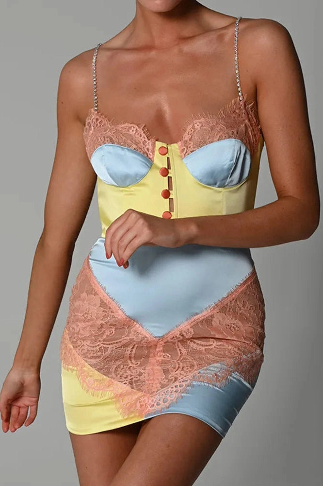 Glorol - Patchwork Printed Lace Sleeveless Backless Bodycon Mini Dress