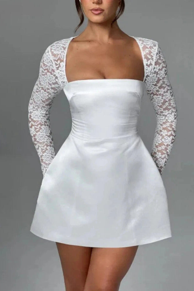 Glorol - Lace Long Sleeve Square Collar Backless A-line Mini Dress
