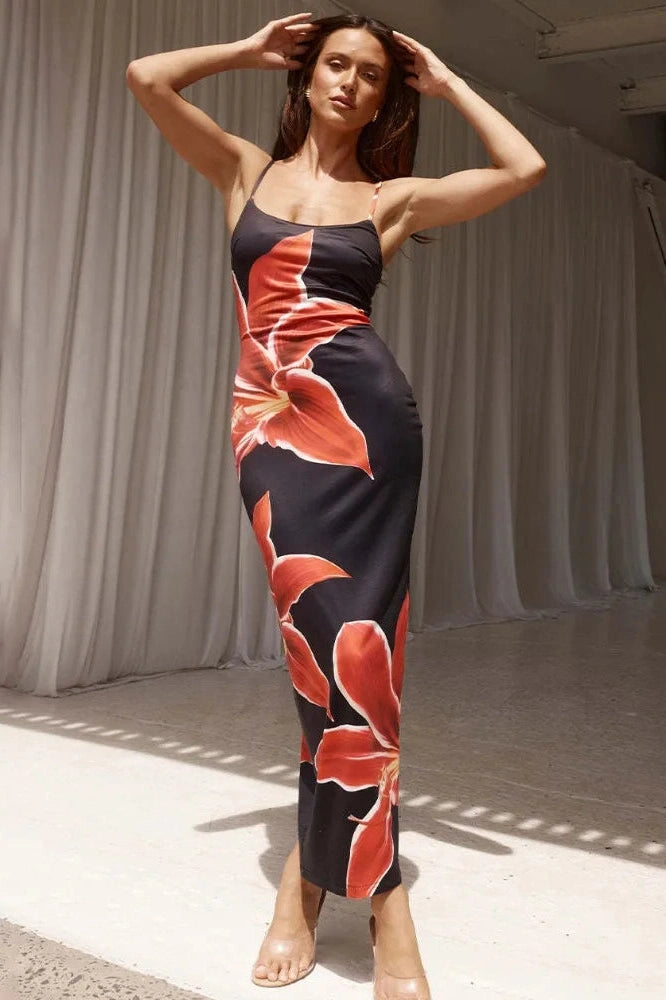 Glorol - Printed Slim High Waist Spaghetti Straps Patchwork Maxi Dress