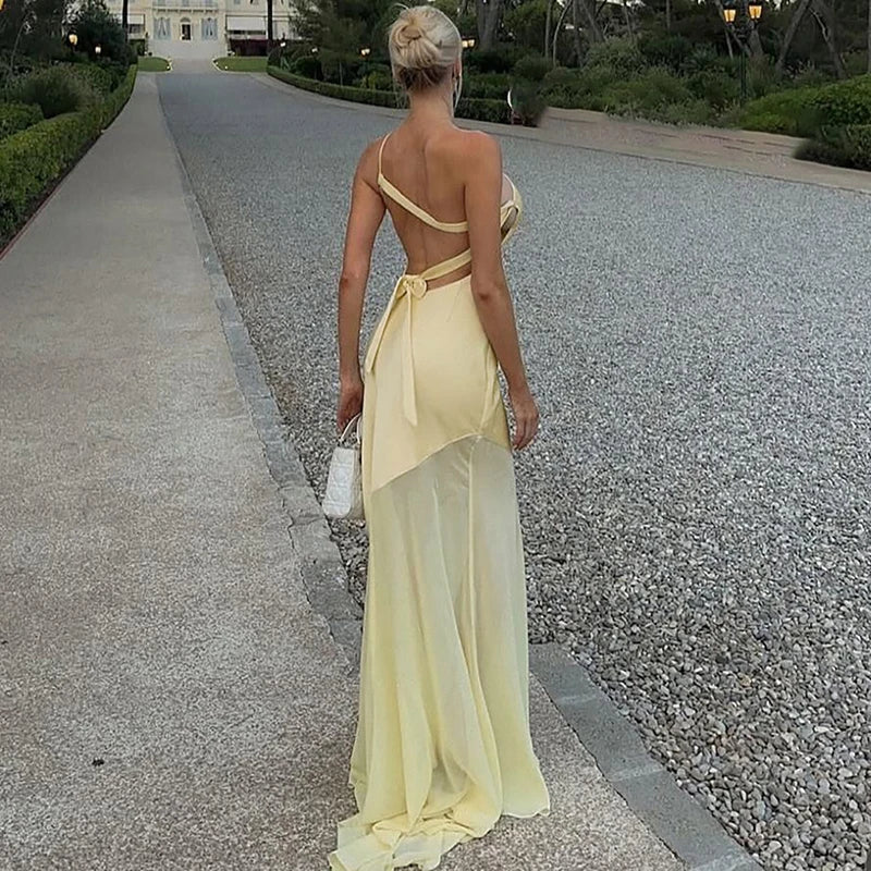 Glorol - Patchwork One Shoulder Lace-Up Backless Maxi Dress