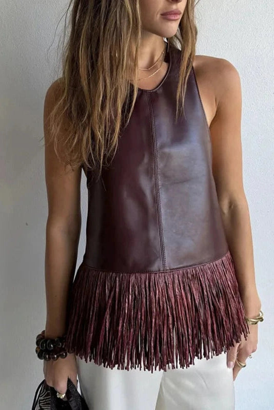 Glorol - PU Leather Backless Patchwork Slim Top