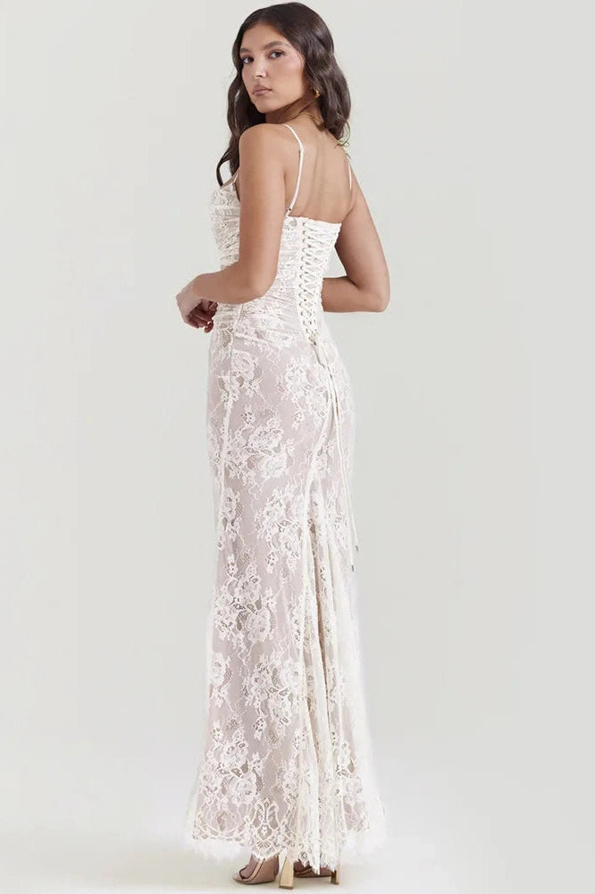Glorol - Elegant Lace Print Spaghetti Strap Long Sleeve Maxi Dress