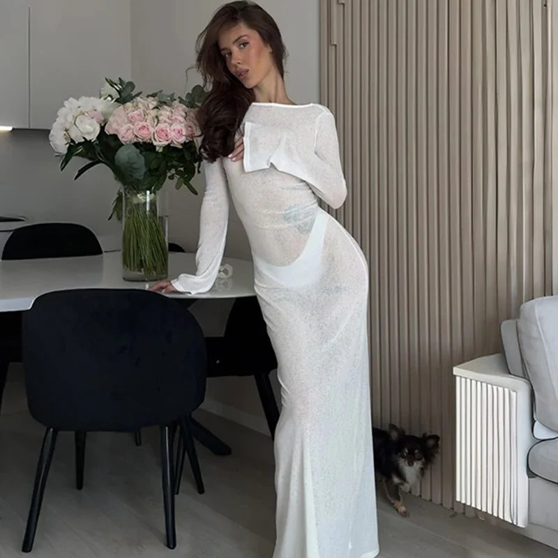 Glorol - Backless See Through Patchwork Maxi Dress