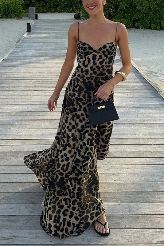 Glorol - Leopard Print High Waist Sleeveless V Neck Pleated Maxi Dress