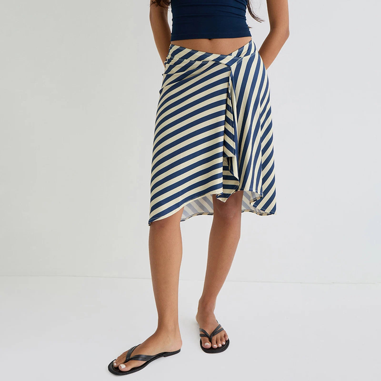 Glorol - Elegant Stripe Plaid Print A-Line Skirt