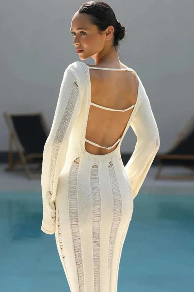 Glorol - Hollow Out Backless Long Sleeve Knit Bodycon Maxi Dress