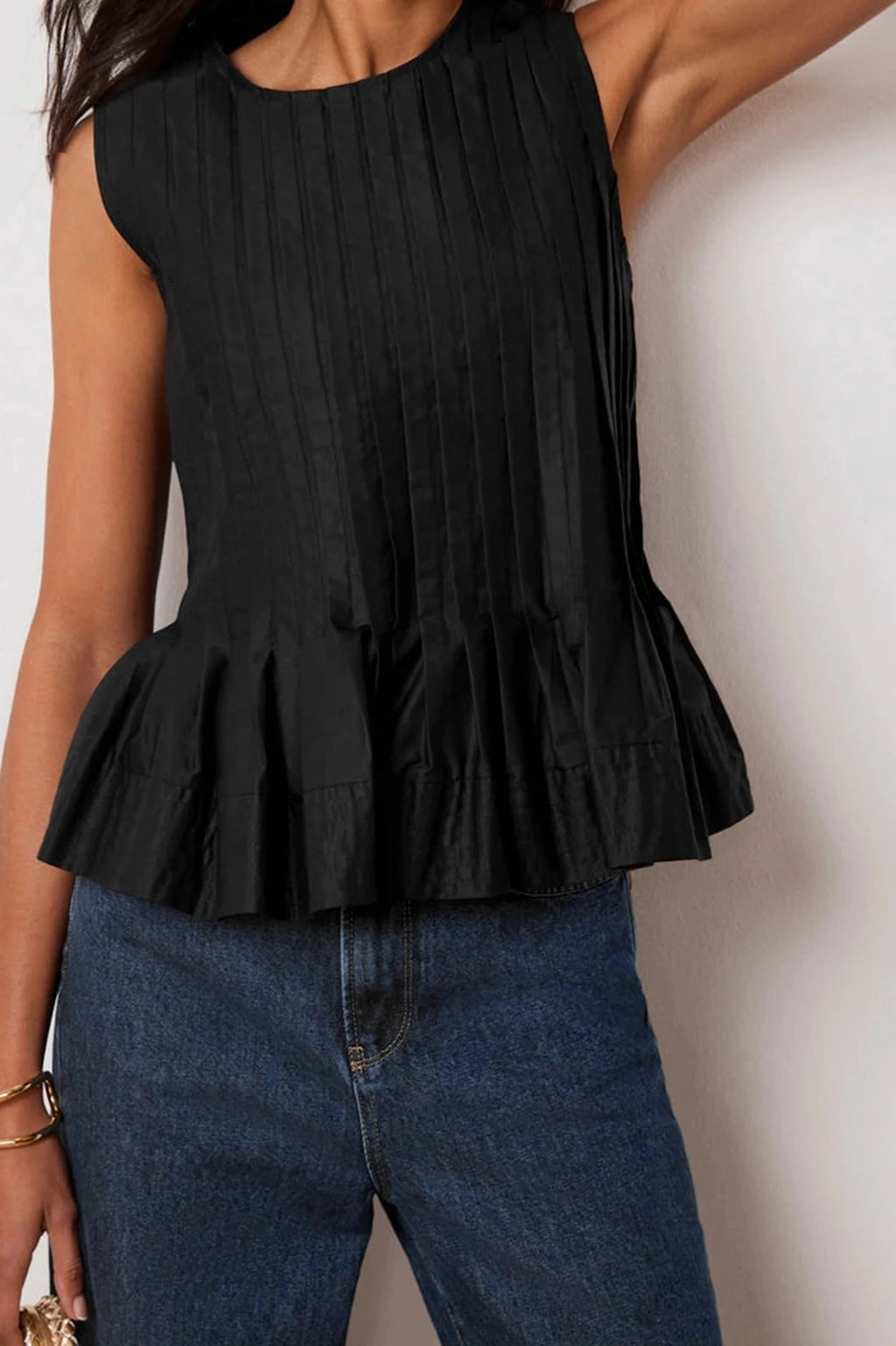 Glorol - Pleated Round Neck Sleeveless Top