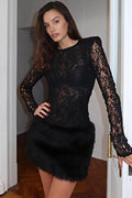 Glorol - Lace Long Sleeve See Through Patchwork Mini Dress