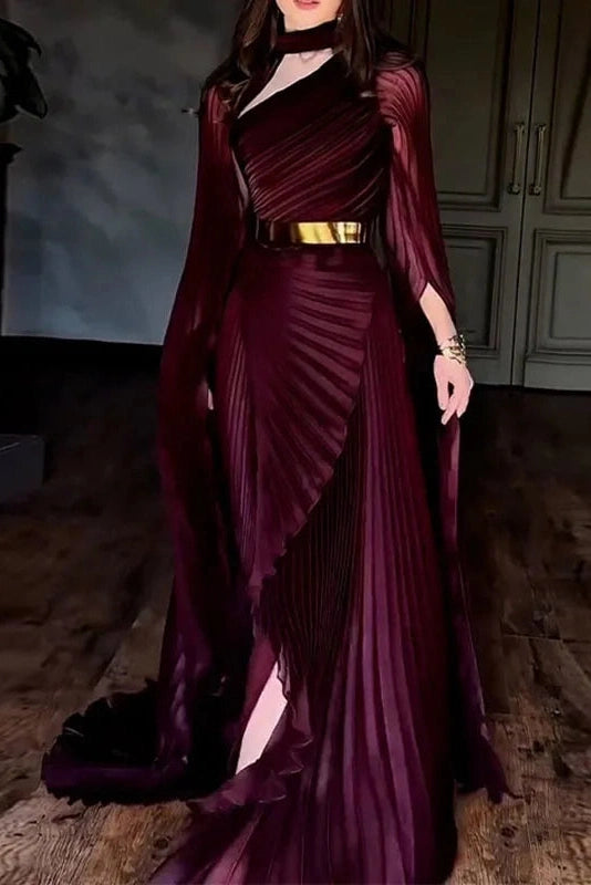 Glorol - Elegant Hollow Out Printed Slit Sleeve High Waist Maxi Dress