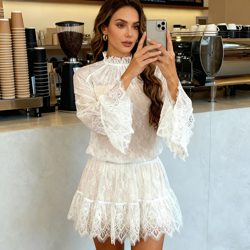 Glorol - See Through Lace Long Sleeve High Waist Mini Dress