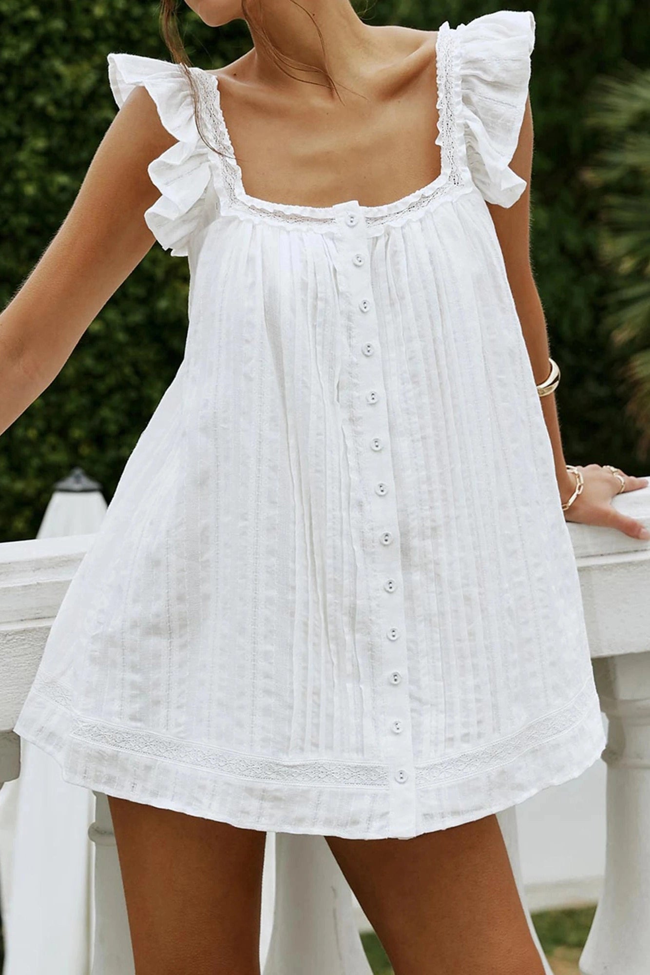 Glorol - Sleeveless Square Neck Pleated Mini Dress