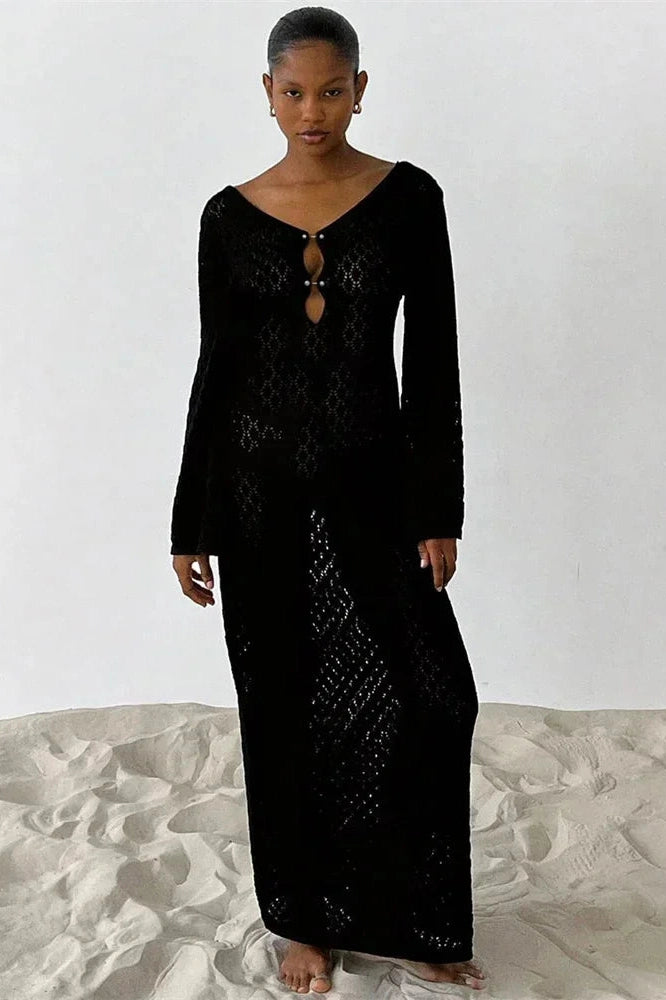 Glorol - Hollow Out Knitted Slim Maxi Dress