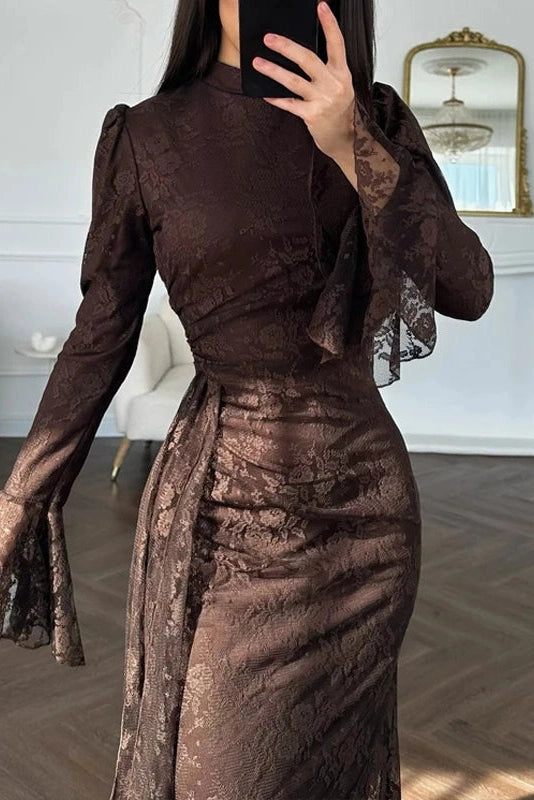 Glorol - Pleated Lace Slim High Waist Maxi Dress